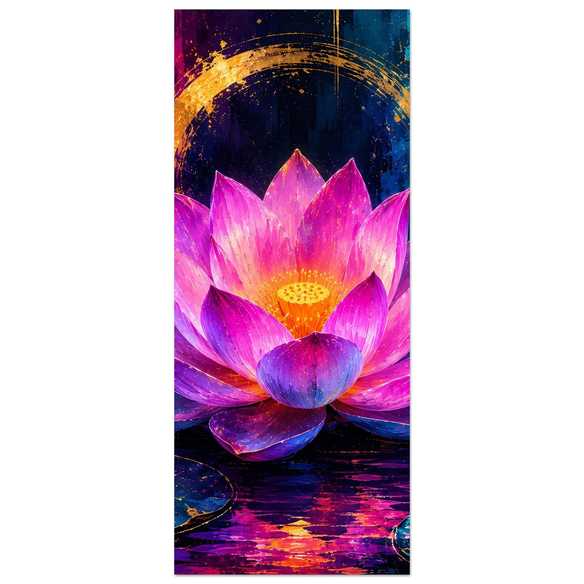 Blumenposter im Hochformat mit Lotusblüte in Rosa/Violett und goldfarbenem Lichtbogen
