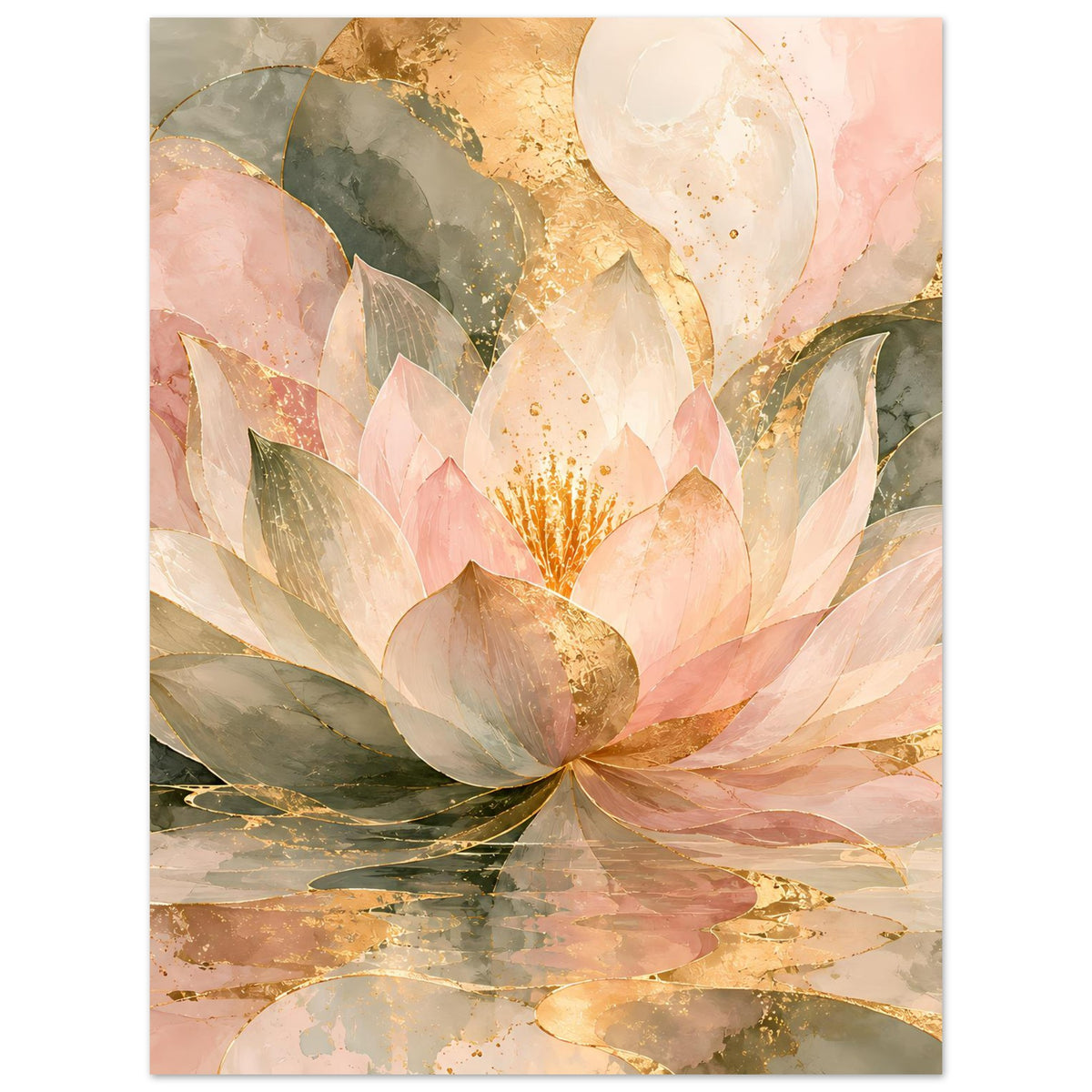 Zen-Lotusblüten-Kunstdruck mit rosafarbenen Blüten und goldenen Akzenten, vertikal