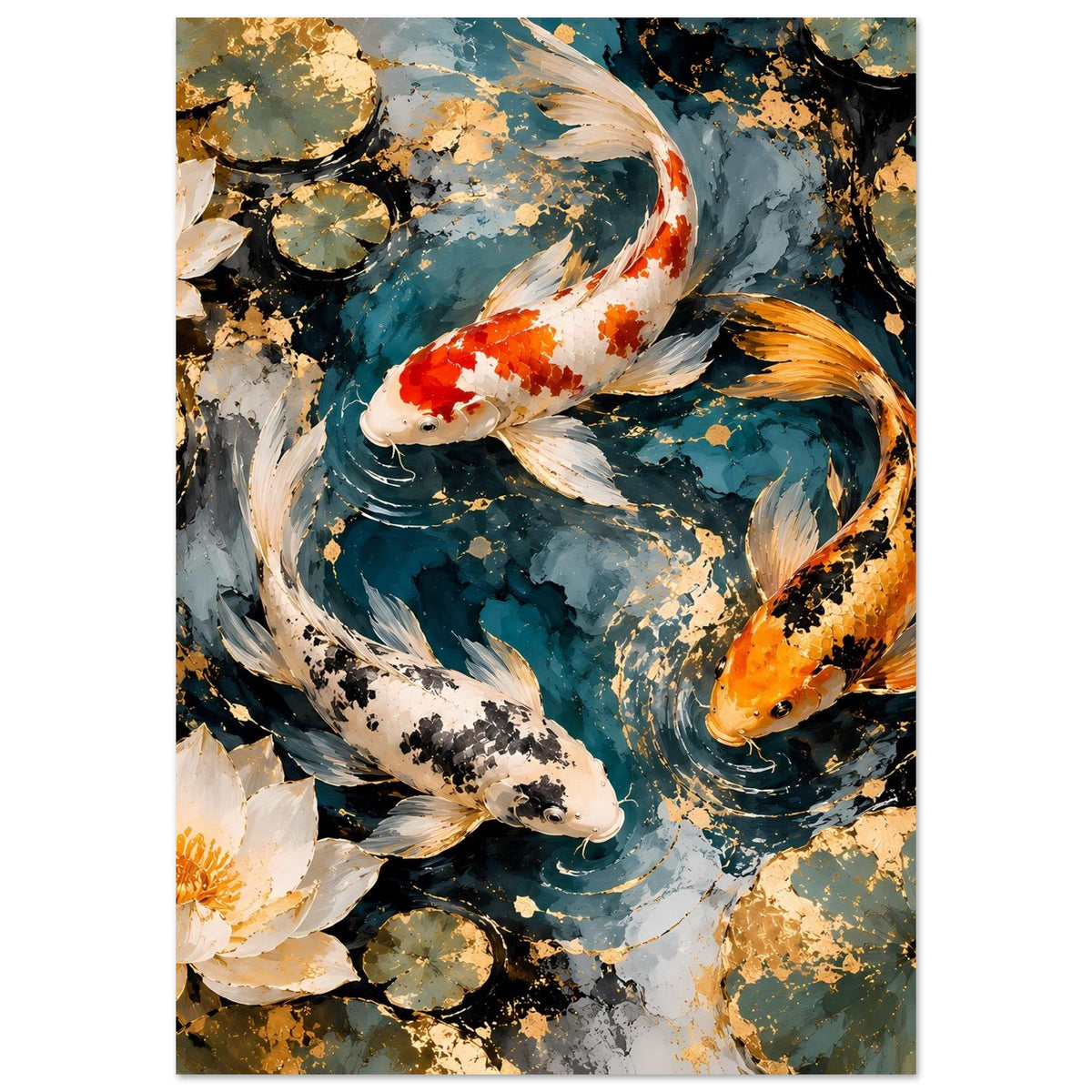 Koi-Pond-Kunstposter im Hochformat: Koi-Fische in Blau, Orange und Weiß, mit Lotusblüte links.