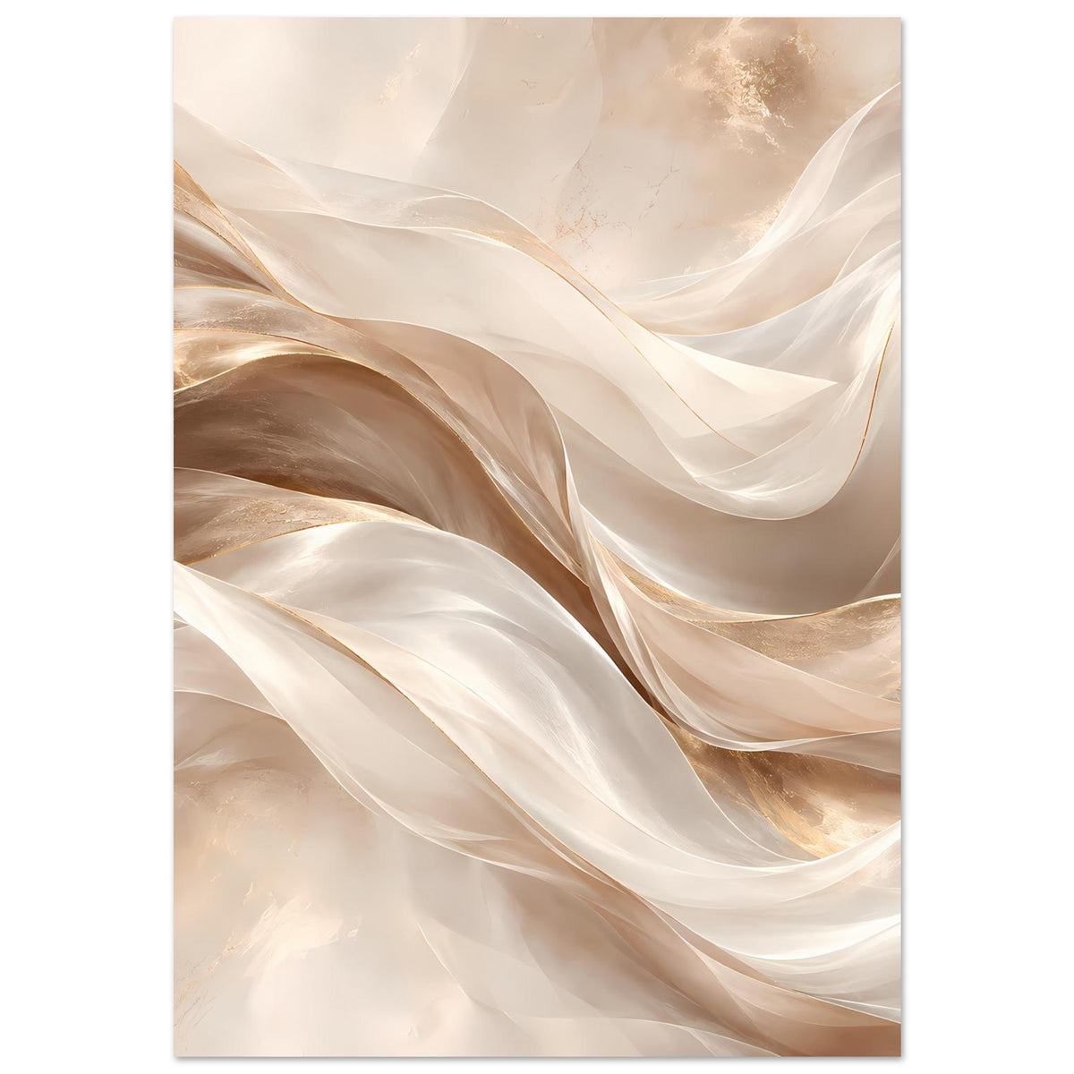 Vertikales Poster mit abstrakten Bandwellen in Beige, Creme und Gold, dynamisch verlaufend