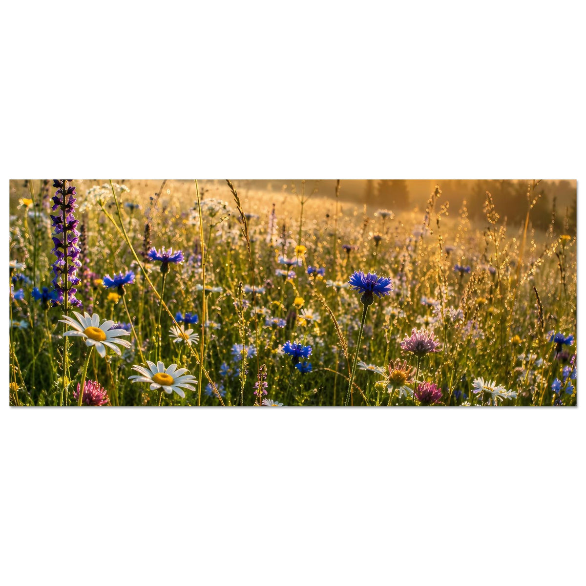 Sonnengeküsstes Wildblumenwiesen-Poster, Querformat: Blumenmeer mit tief stehender Sonne