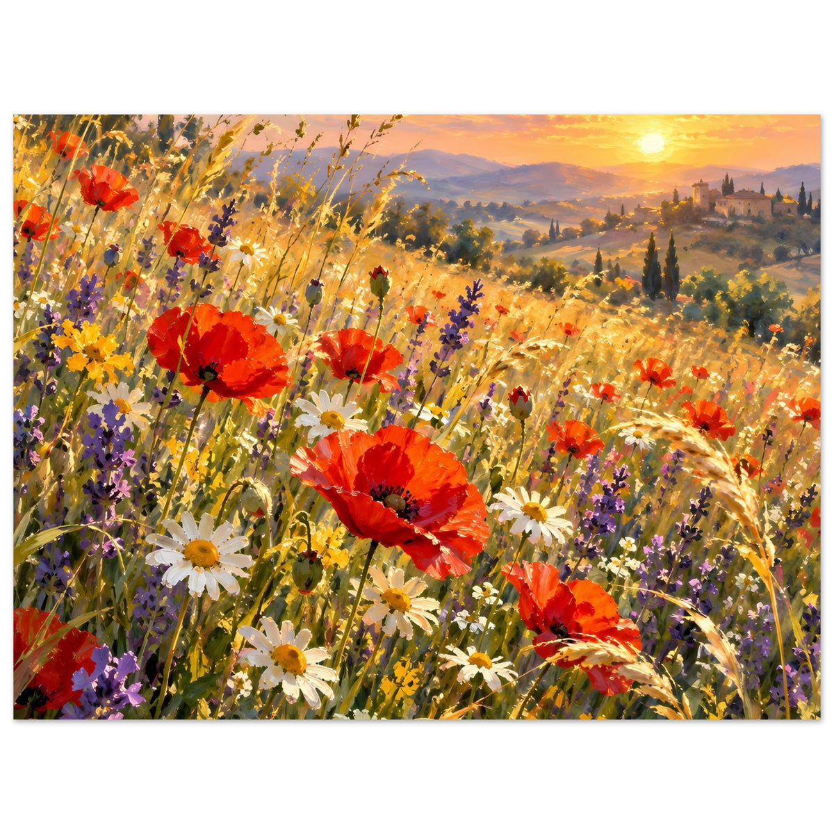 Querformat-Poster mit Wildblumen und roten Mohnblüten vor goldenem Himmel
