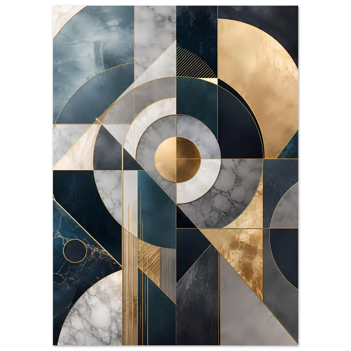 Geometrisches Kunstposter mit Marmoroptik-Elementen, Kreisen und goldenen Streifen in Blau/Grau