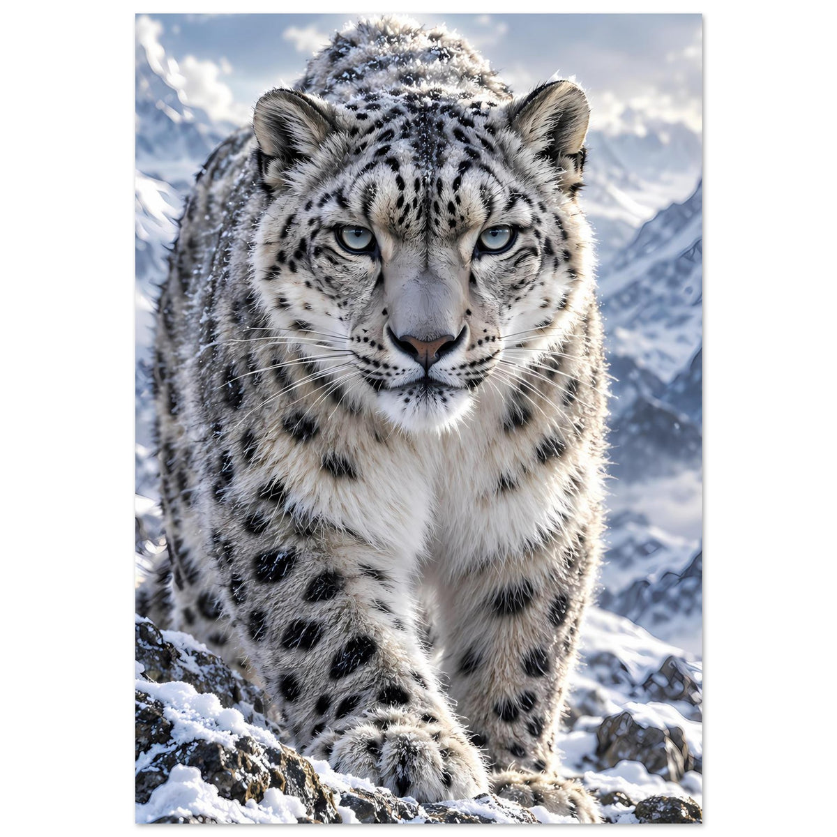 Poster mit Schneeleopard im Schnee, Vorderansicht mit vollständigem Körper