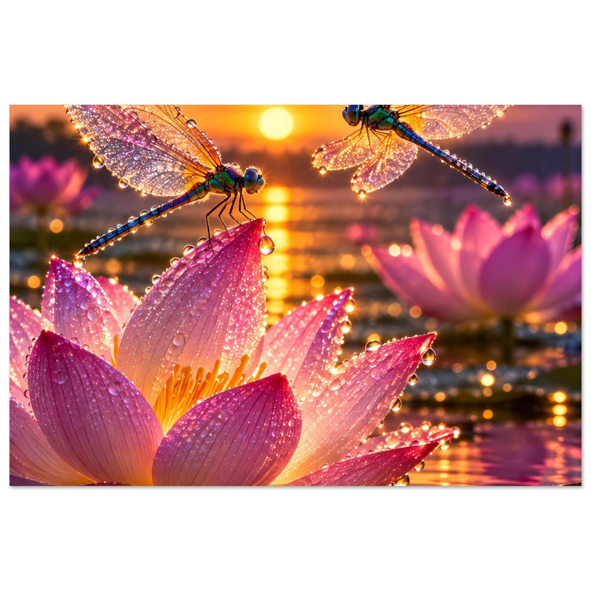 Poster mit Libellen und rosa Lotusblüten, Glitzeroptik