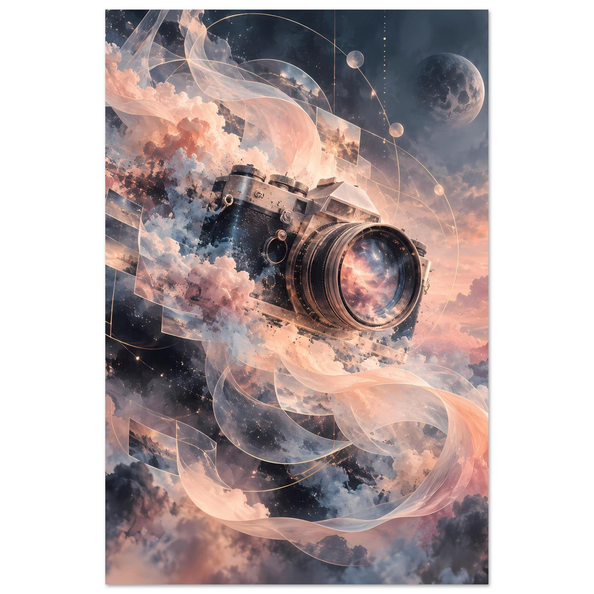 Poster mit Retro-Kamera, orangefarbenem Rauch und Spiralen über Wolken