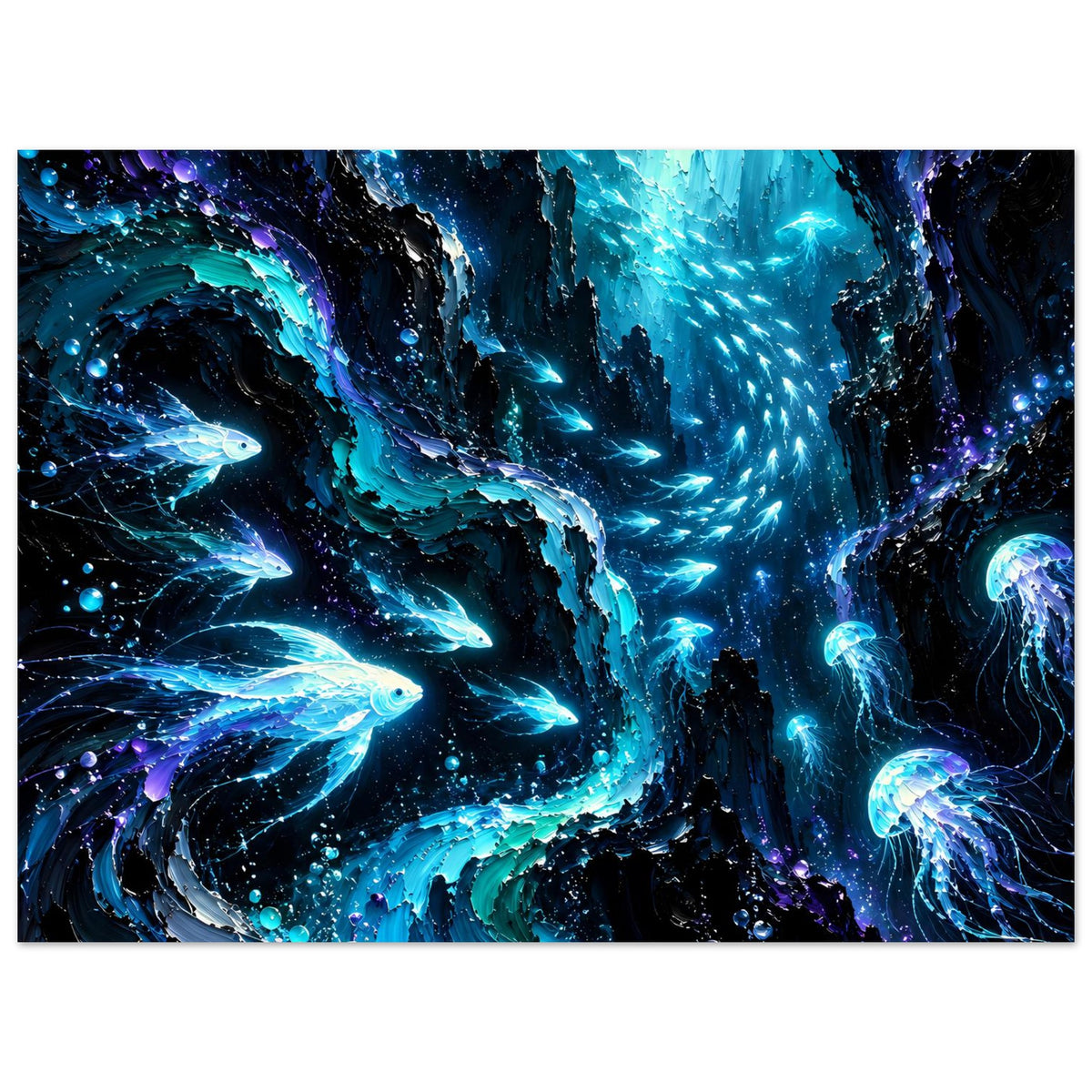 Hochformat-Poster mit leuchtendem Meeresleben: Unterwasserfische, Quallen und Lichtblitze