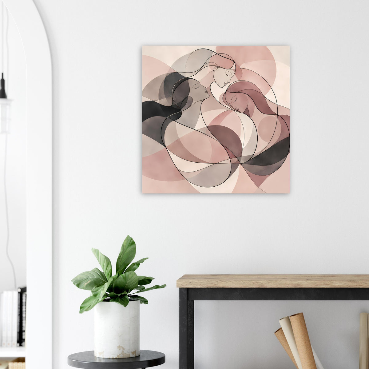 Abstraktes Poster mit drei Frauen in Rosé, Creme und Grau, quadratisch