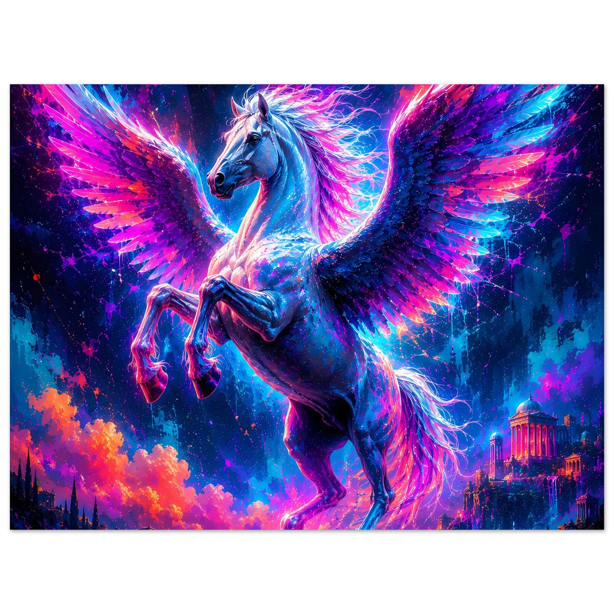 Leuchtendes Pegasus-Poster: blauer Pegasus mit leuchtenden Flügeln in Neonfarben