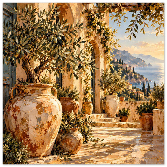 Posterdruck mit mediterraner Terrasse: große Keramikvasen, Olivenzweige und Steinweg