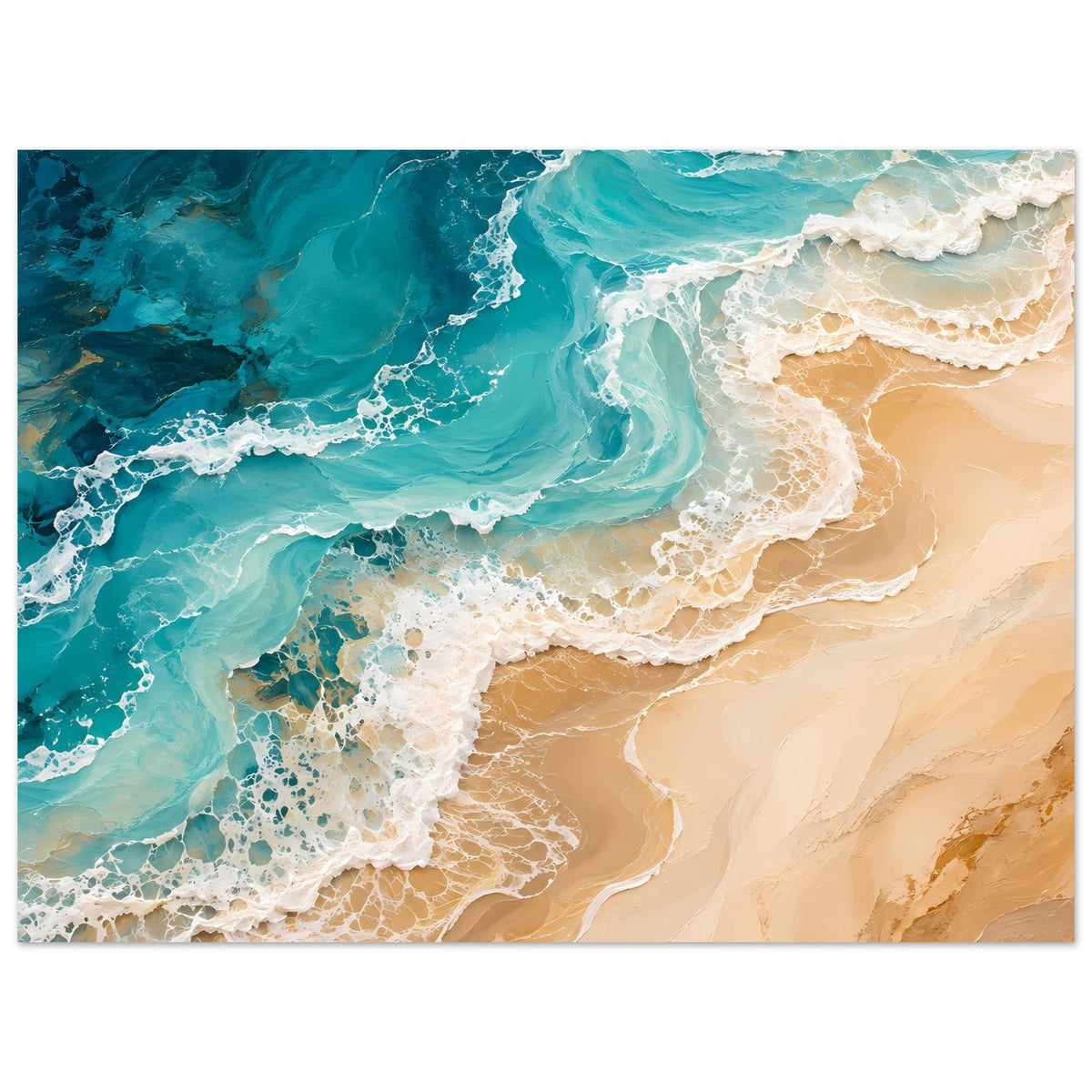 Abstraktes Ozeanposter, Nahansicht: türkisblaues Wasser, weißer Schaum und beiger Strandton.