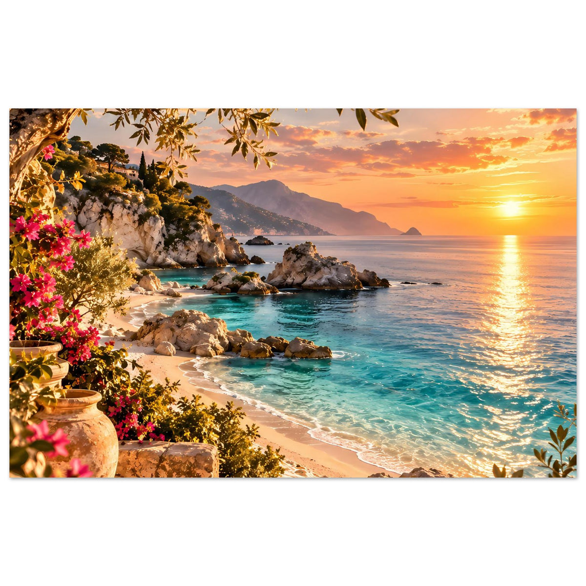 Strandposter im Querformat: Sonnenuntergang, türkisfarbenes Meer, Felsen und bunte Blüten.