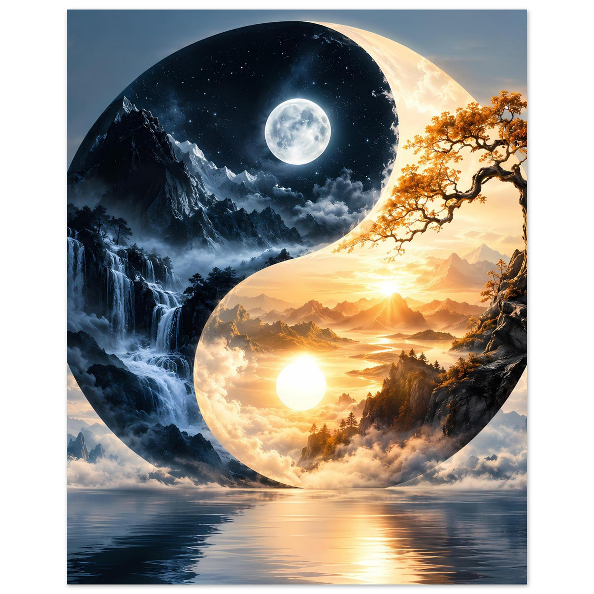Yin-Yang-Landschaftsposter: links Mondnacht, rechts Sonnenlandschaft mit Baumkrone, Wasser unten
