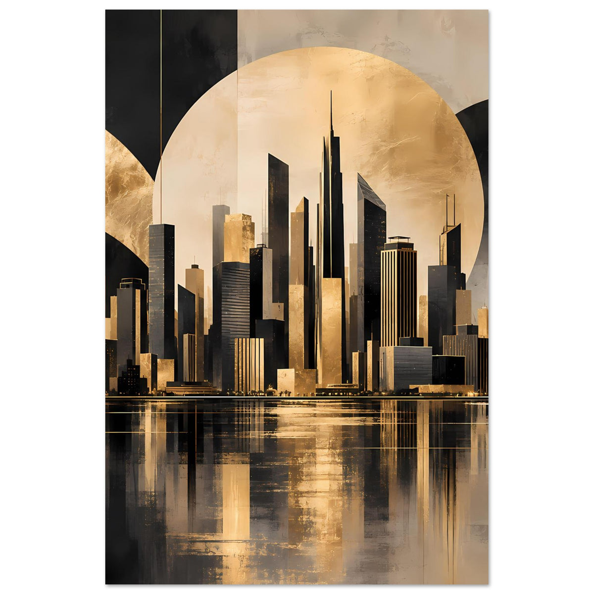 Vertikales Stadtposter mit goldschwarzer Skyline und kreisförmigem Hintergrund