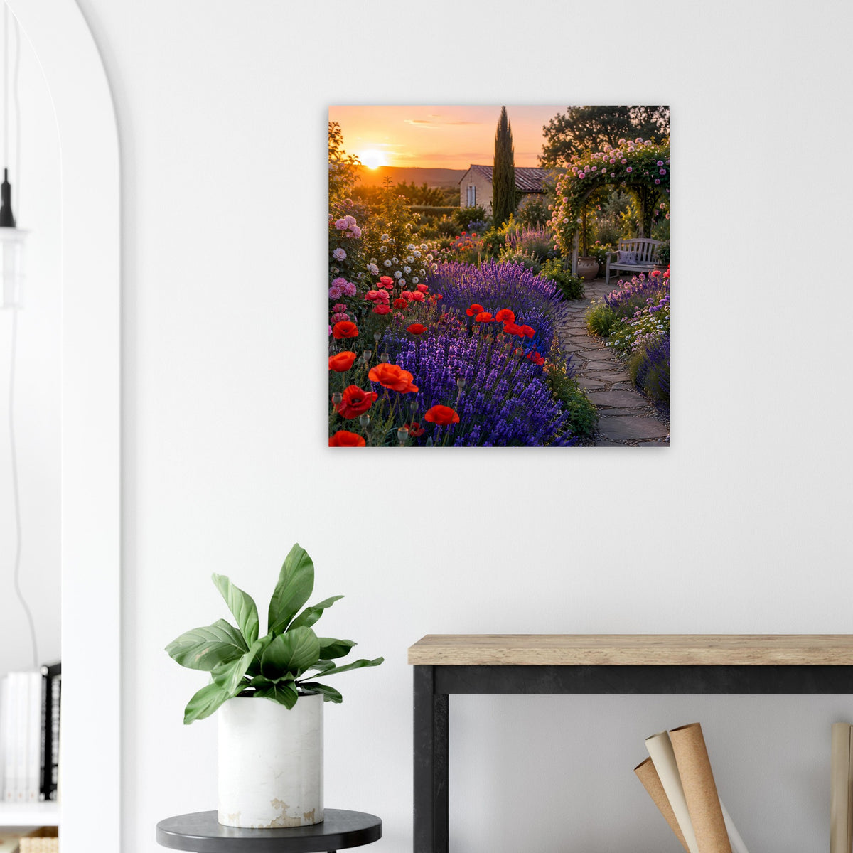 Romantisches Sonnenuntergang-Gartenposter: Weg durch Blumen, Kirchturm, goldener Abendhimmel