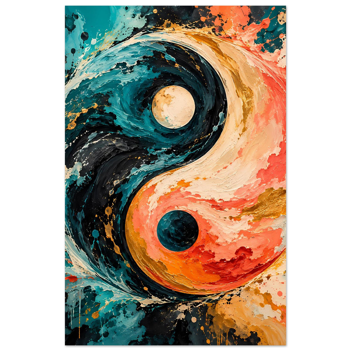 Abstraktes Yin-Yang-Poster im Hochformat, türkis-weiße und orange-schwarze Farbflächen