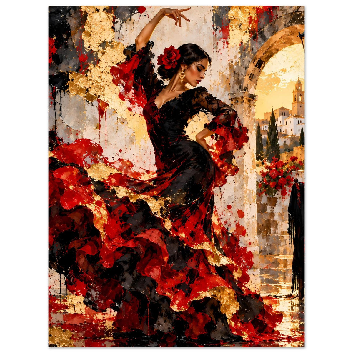 Poster: Flamenco-Tänzerin im roten und schwarzen Kleid, Blick zur Seite im Tanz.