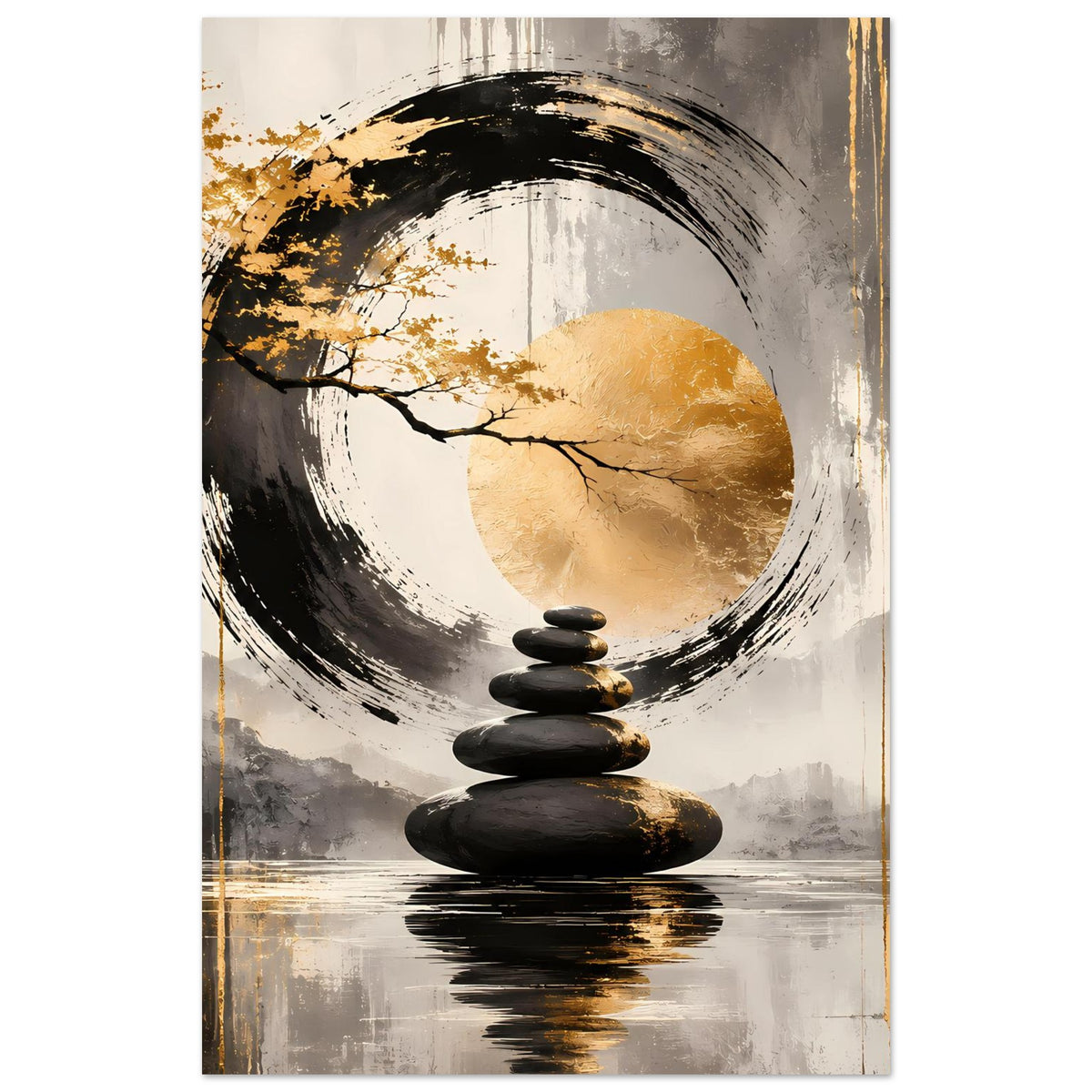 Zen-Art Poster, hochkant zugeschnitten: goldener Kreis, schwarzer Pinselring und Steinstapel