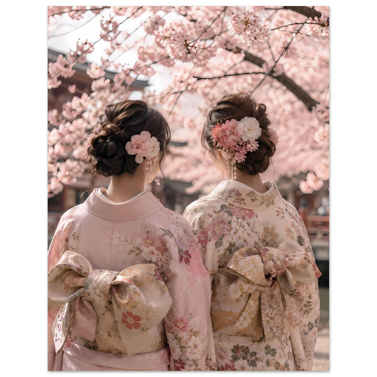 Kirschblüten-Kimono-Poster: zwei Frauen in Pastell-Kimonos mit Blumenstickerei