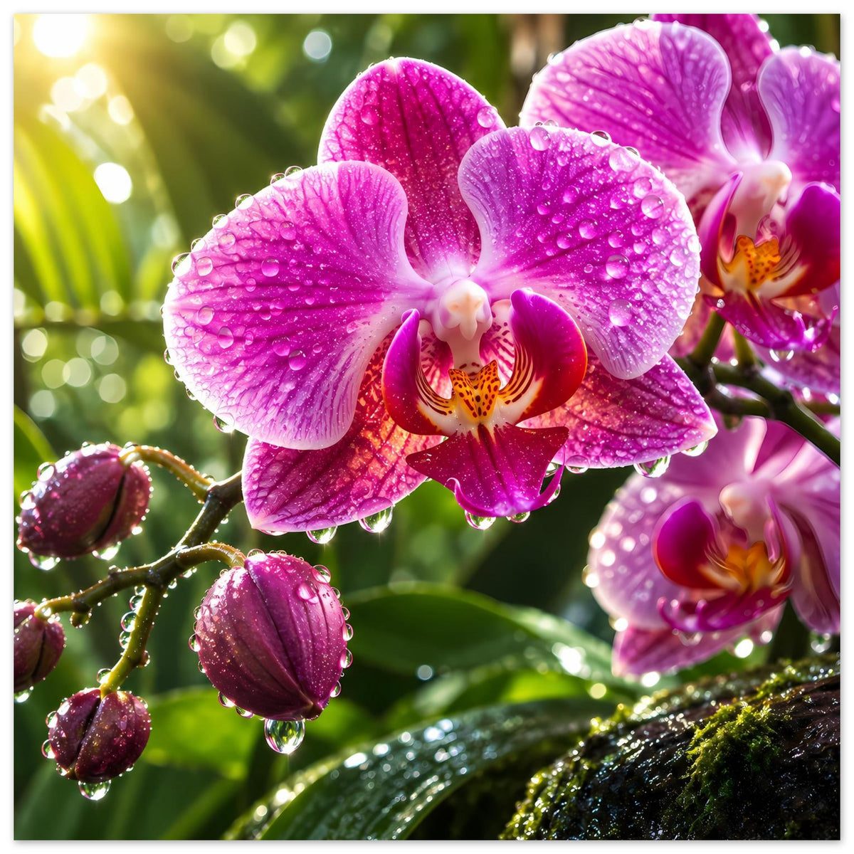 Poster mit pinken Orchideenblüten und Wasserdropfen auf Blättern und Knospen