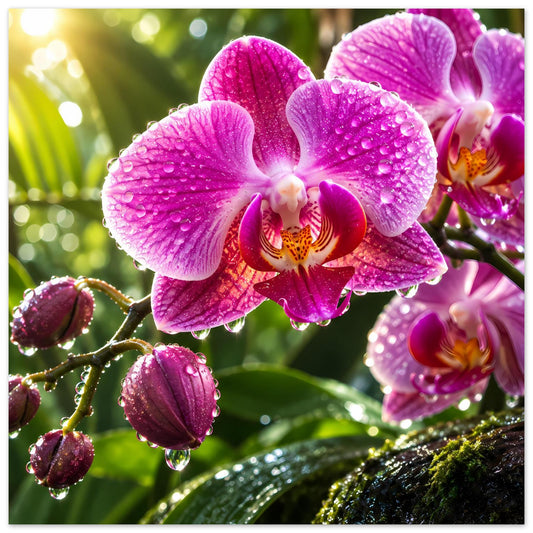 Poster mit pinken Orchideenblüten und Wasserdropfen auf Blättern und Knospen