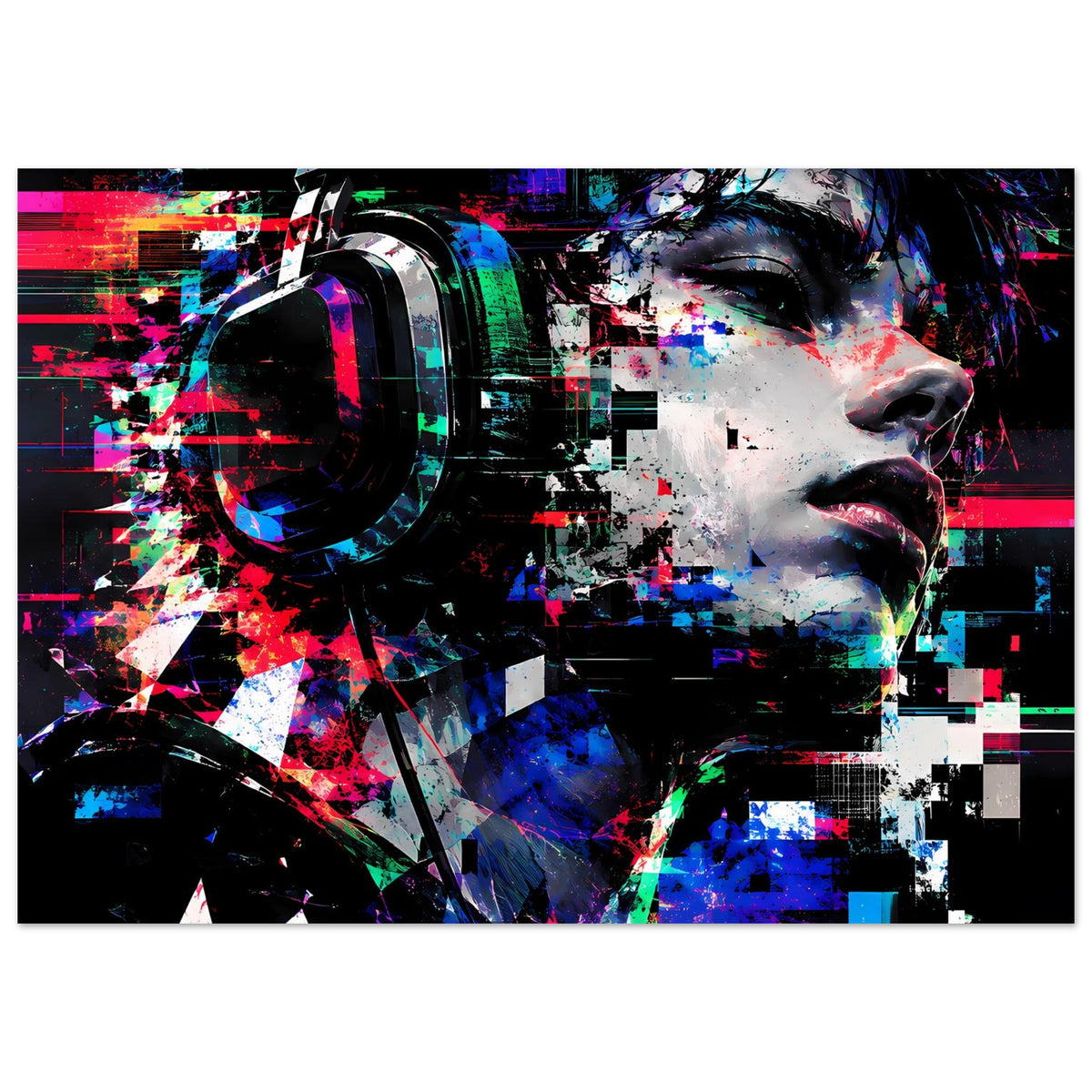 Poster mit futuristischem Gesicht im Mix aus Neon, Schwarz und Pixel-Texturen, Querformat