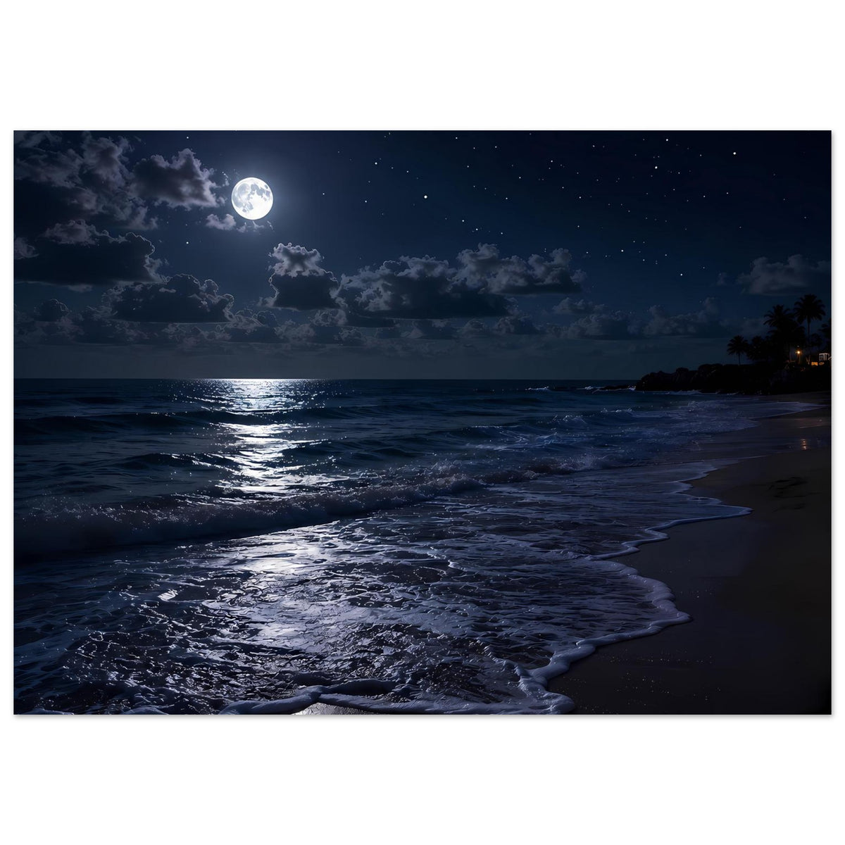 Strandposter mit Mondlicht-Spiegelung auf dem Meer und Wellen am Strand, rechteckig