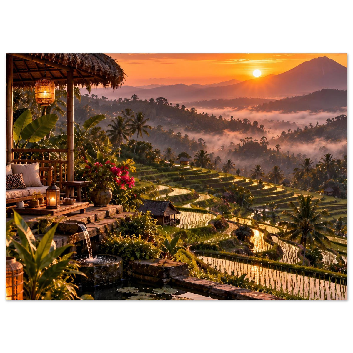 Horizontales Poster: Reisterrassen im Dunst bei Sonnenuntergang mit Lodge-Terrasse