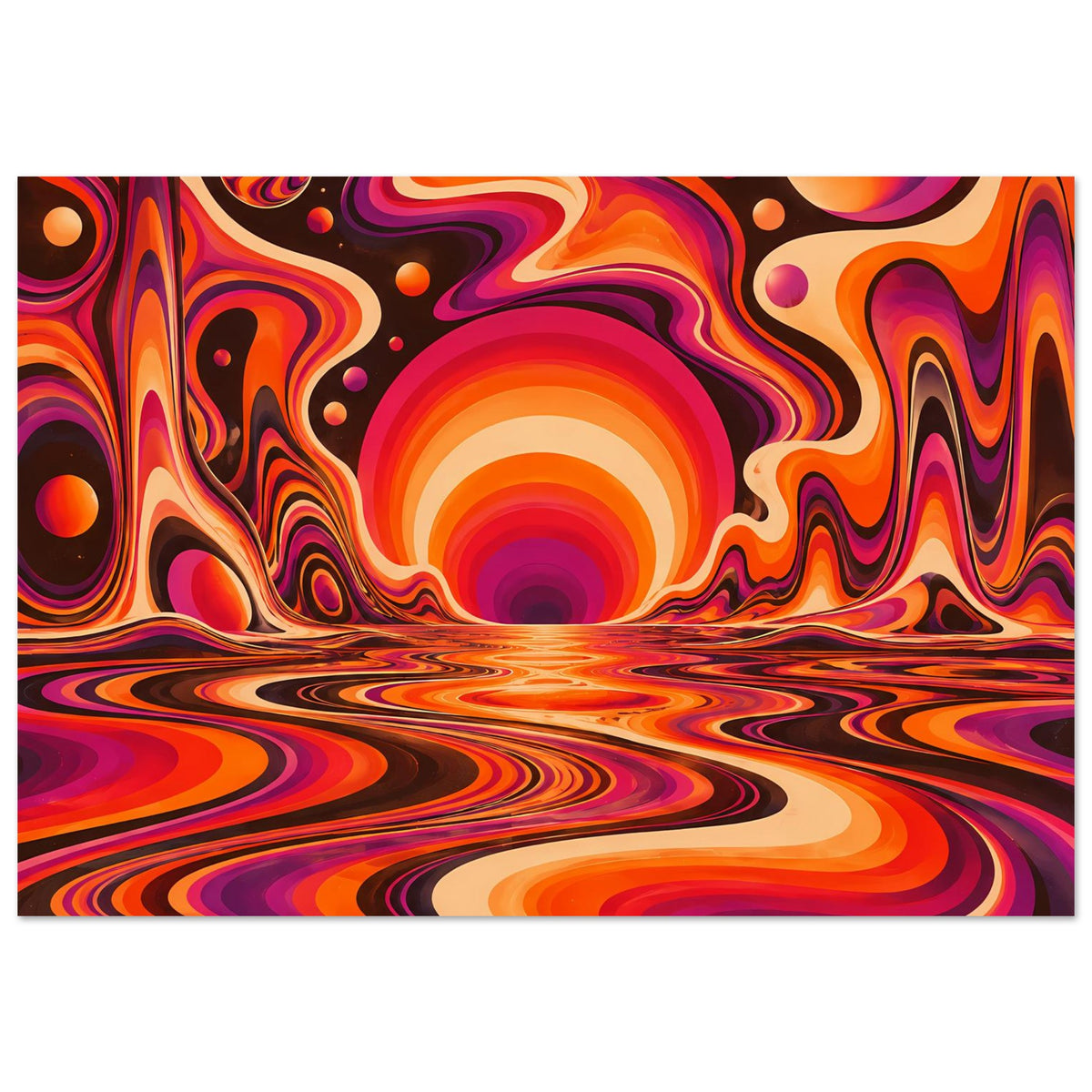 Querformat-Poster mit bunten Orange- und Violettswirls, große Sonne in der Mitte