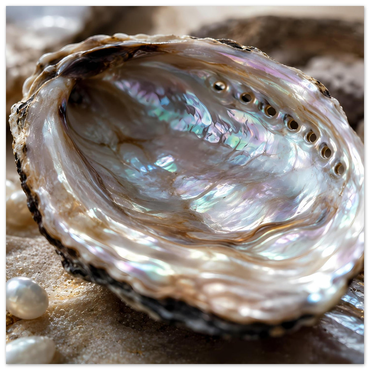 Schillernde Abalone-Muschel mit Perlmuttglanz, inklusive einzelner Perle unten links