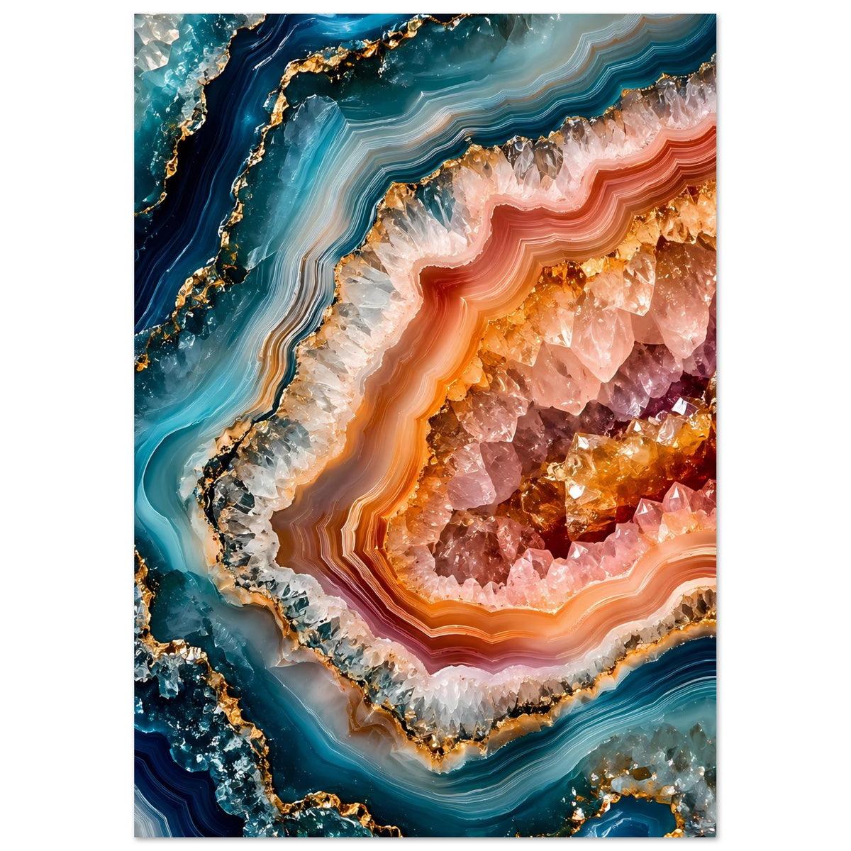 Poster im Hochformat mit Geoden-Optik: blaues Band, orange Kern, goldene Details.