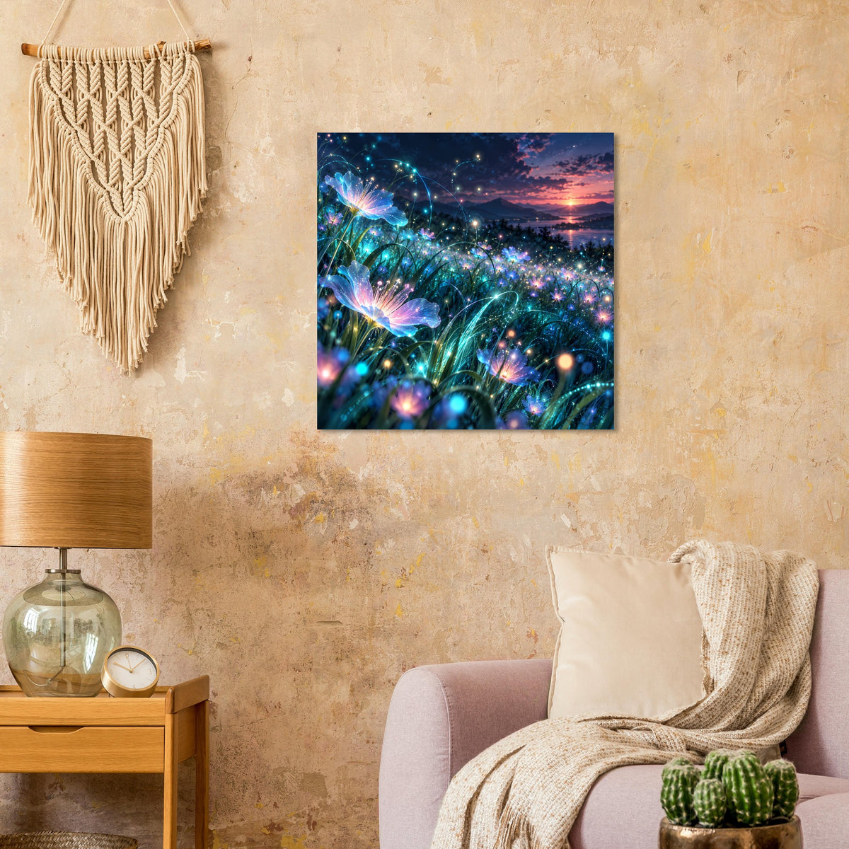 Quadratisches Blumen-Glow-Poster mit glitzernden türkisblauen und magenta Lichtpunkten
