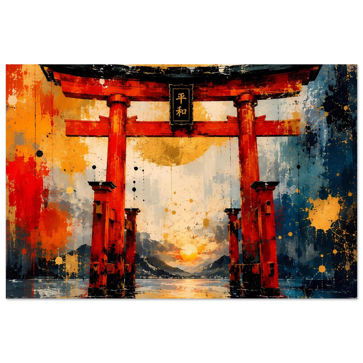 Torii-Gate Poster im Querformat: Torii-Tor mit goldenem Licht, Farbverlauf und Spritzflecken