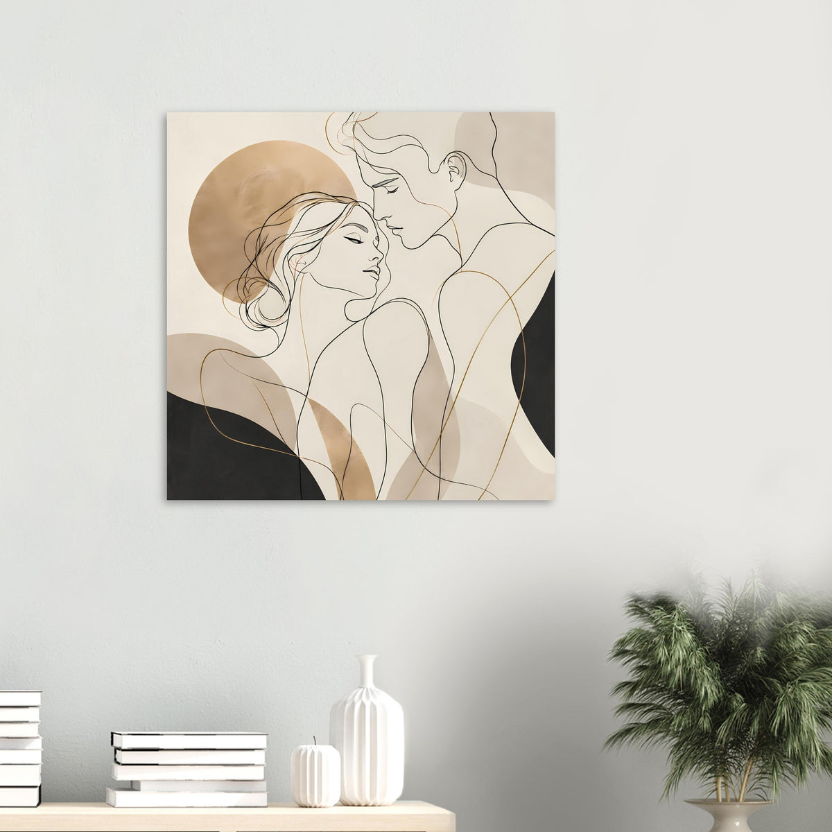 Poster mit minimalistischer Linienkunst eines Liebespaares in Umarmung, gedeckte Farben