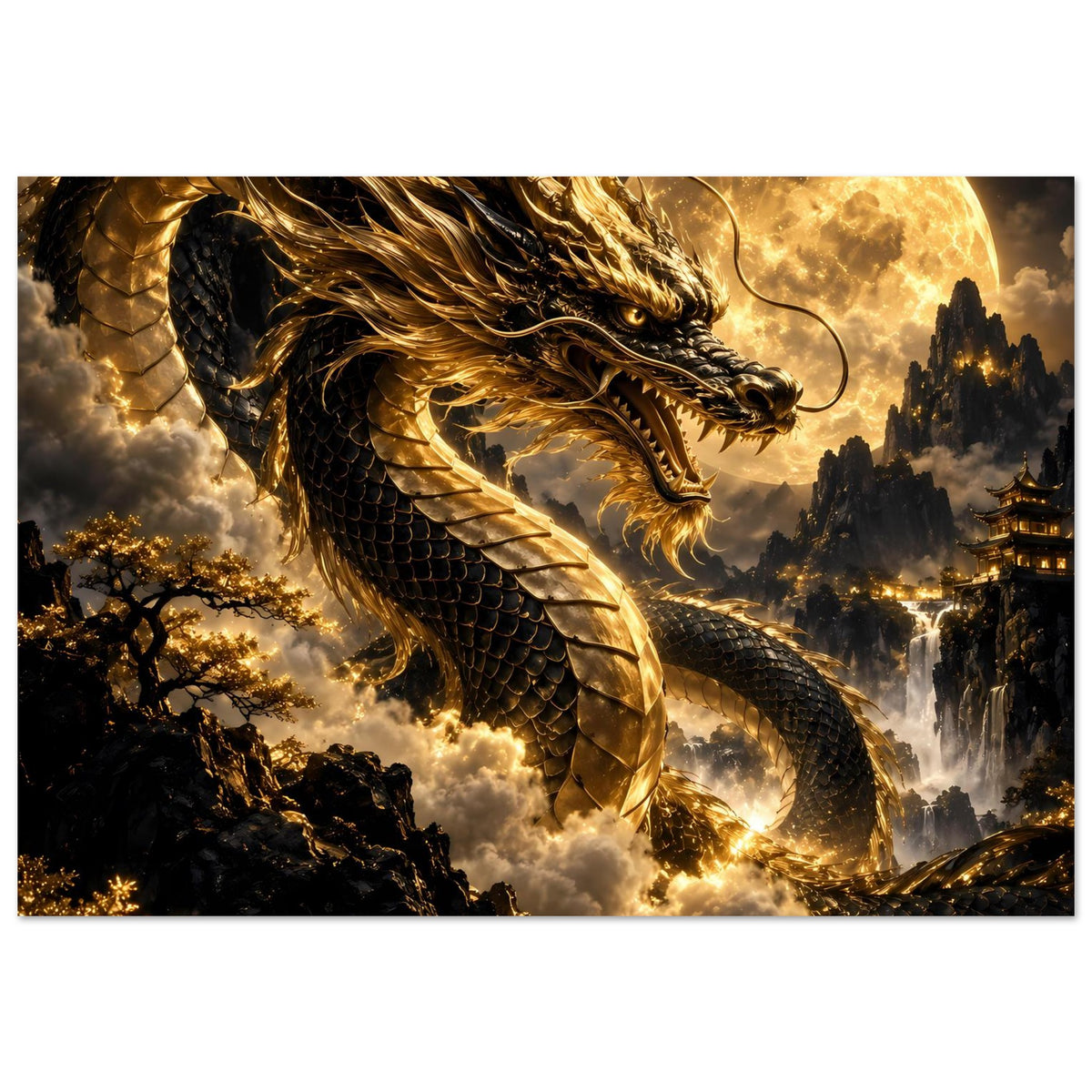 Poster mit goldener Drachenflanke, Schuppen und Vollmond über Wolken