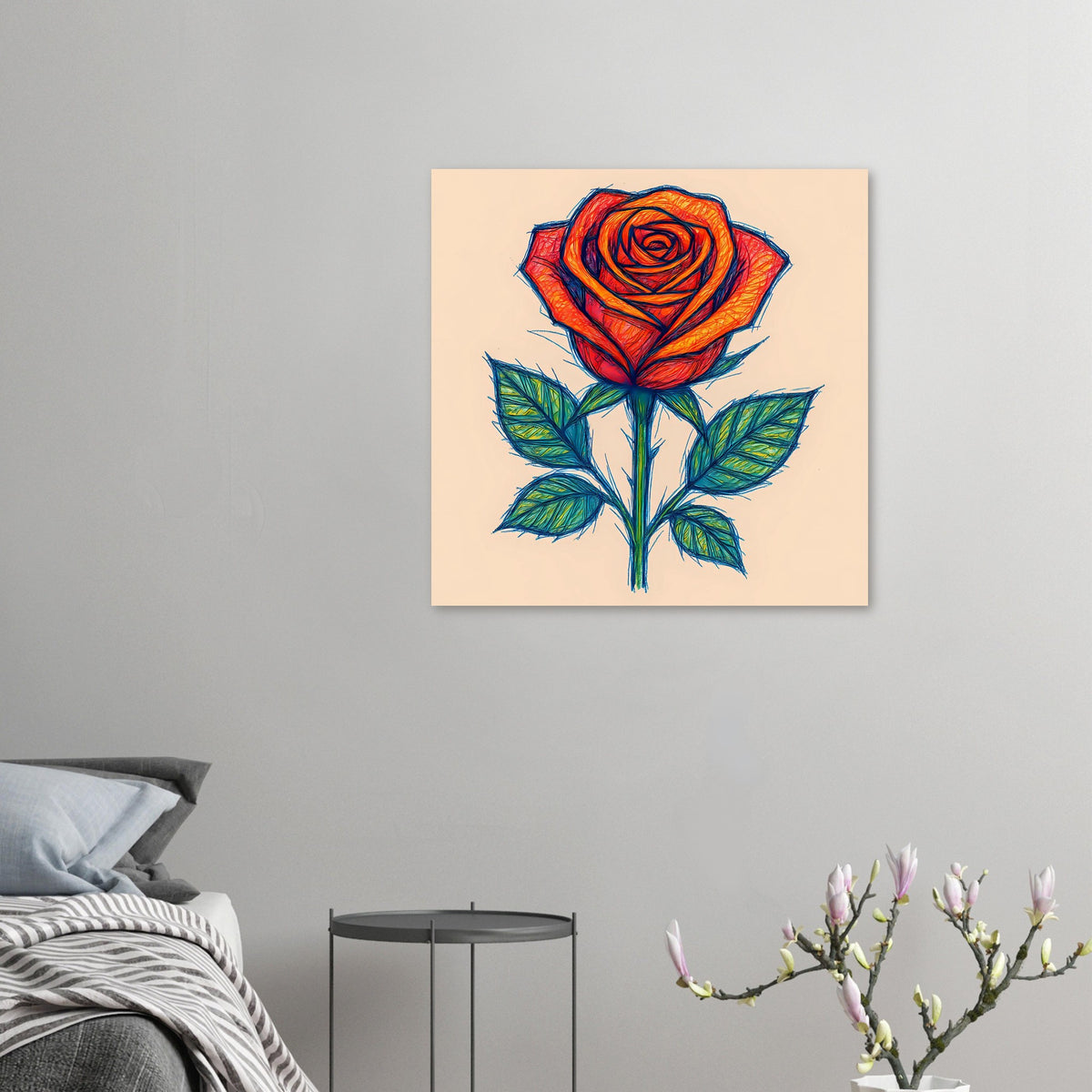 Rosenposter im Sketch-Stil, kleinformatig: orange-rote Rose mit grünen Blättern auf Wand