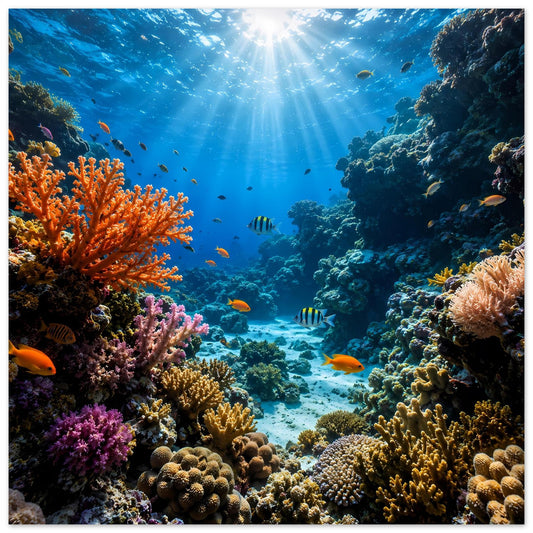 Poster mit Unterwasser-Korallenriff: bunte Korallen, Fische und Sonnenstrahlen