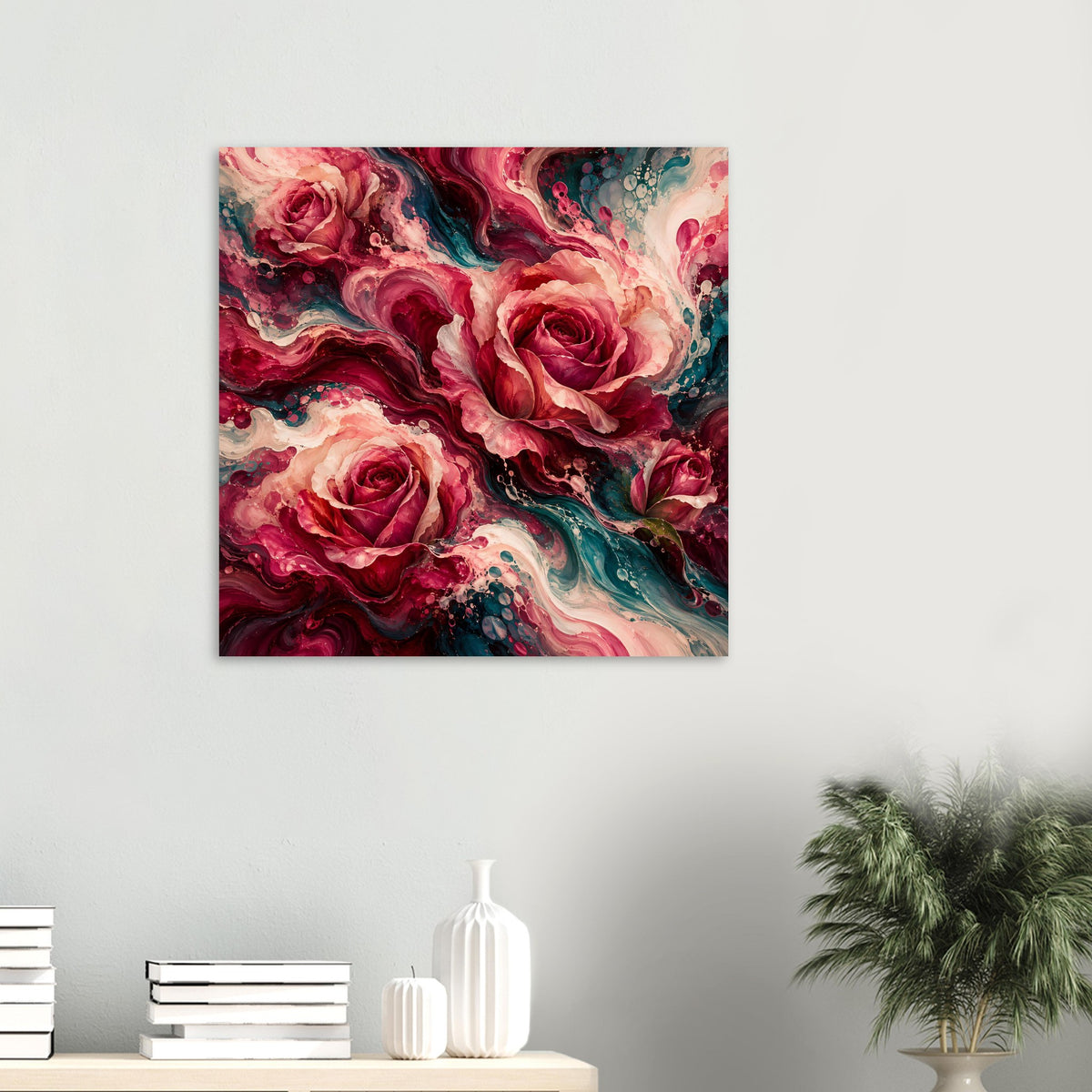 Blumenposter mit roten Rosen und Türkisakzenten