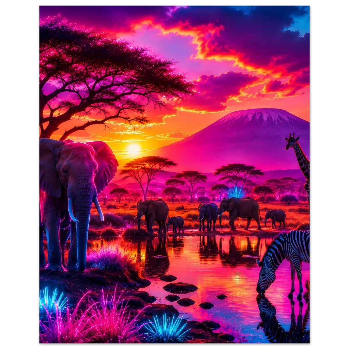 Hochkantposter mit afrikanischer Tierwelt bei Sonnenuntergang: Elefanten, Giraffe und Zebra.