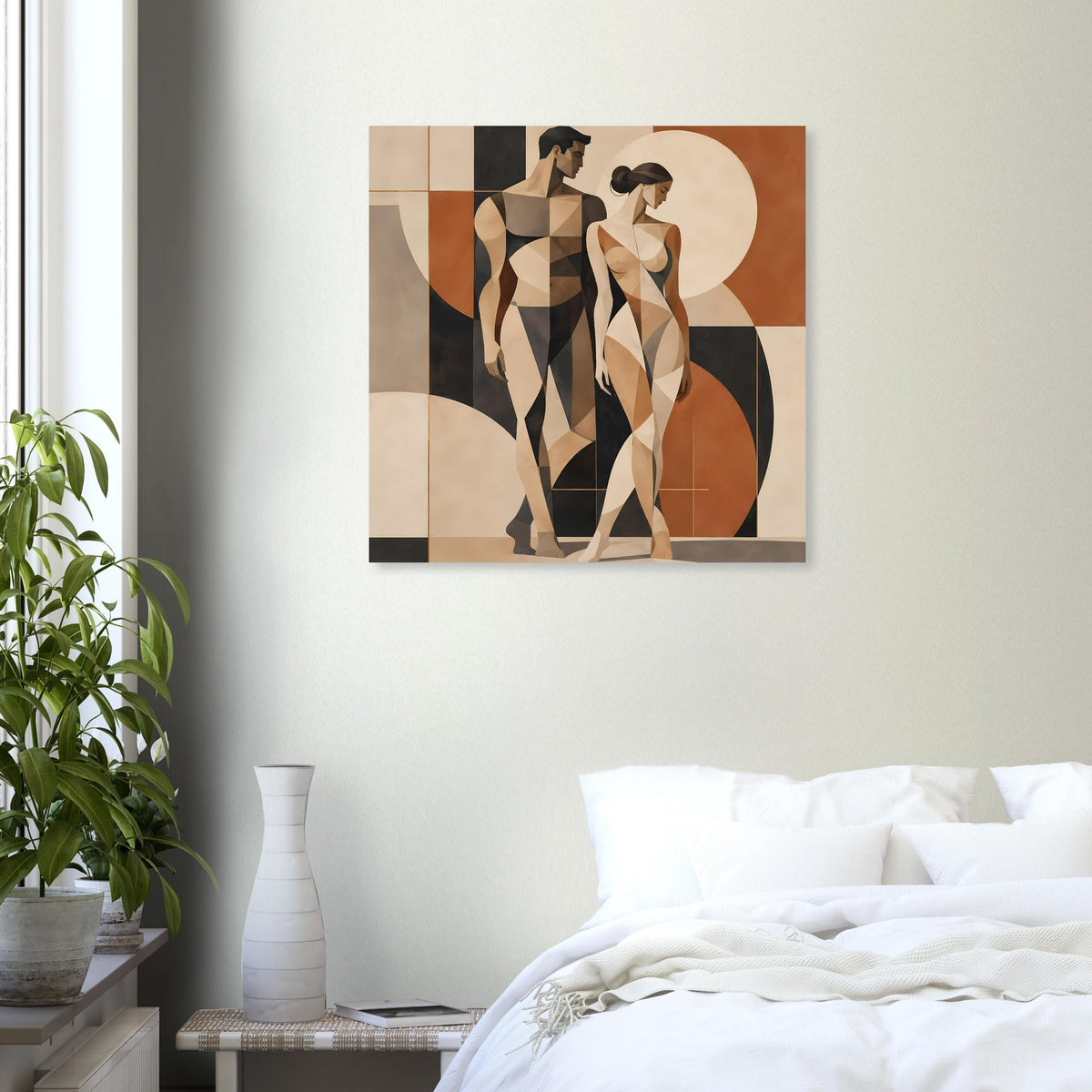 Kunstposter mit geometrischen Aktfiguren, Paaransicht, Erdtöne