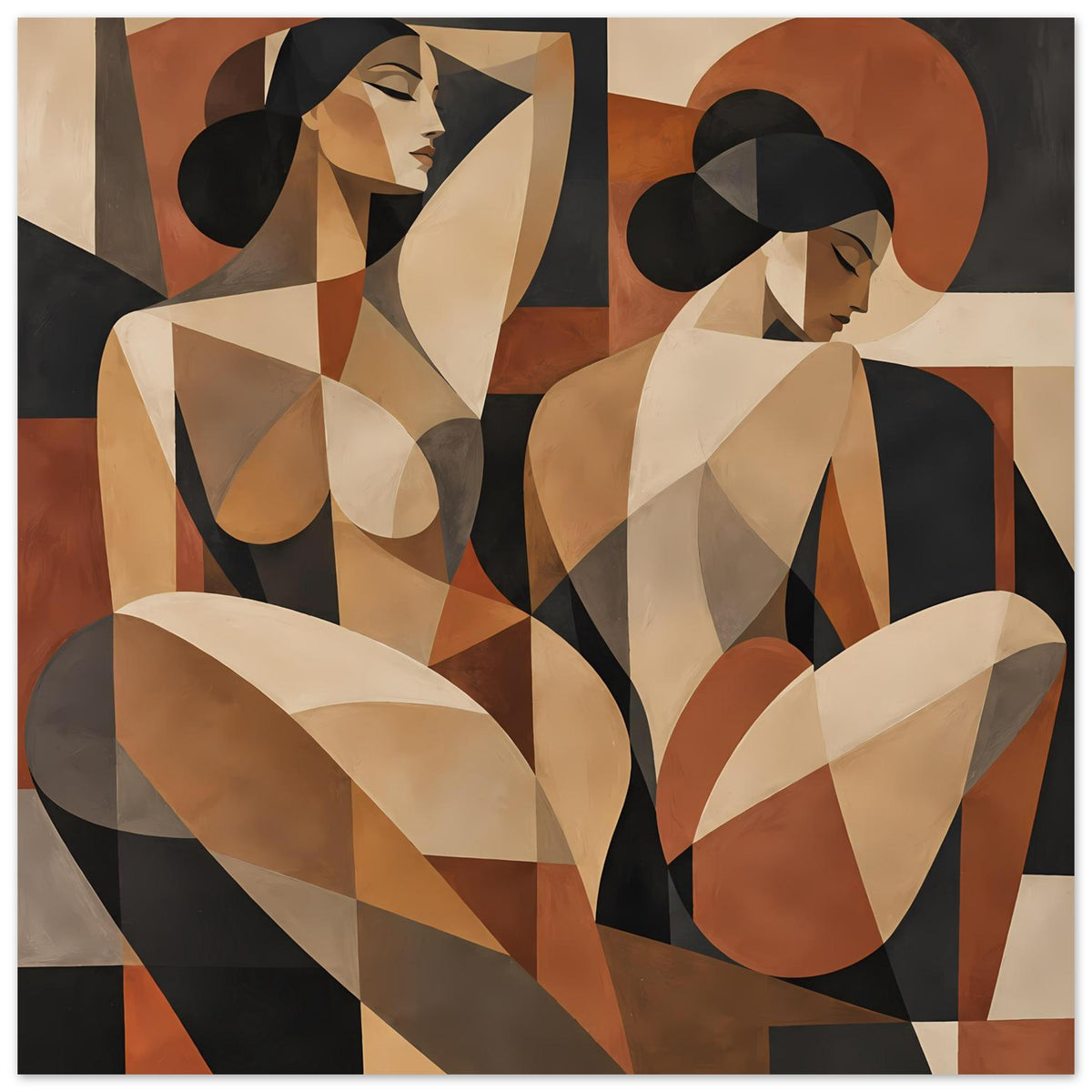 Abstraktes Poster mit Frauenfiguren, erdige Brauntöne, beige und schwarze Flächen, Querformat