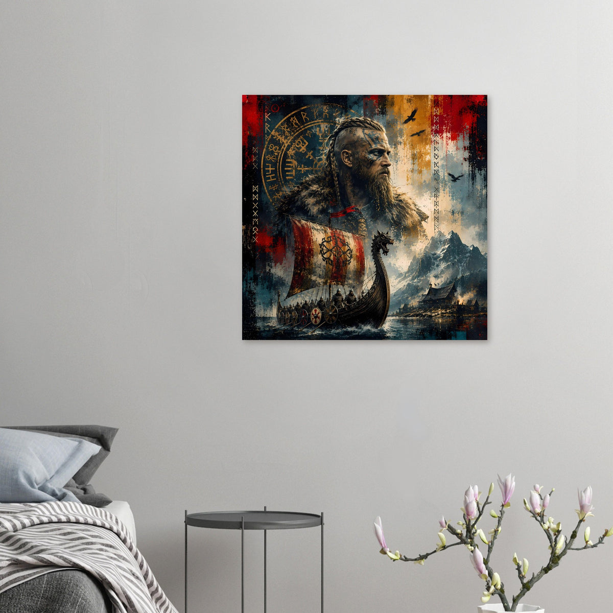Kleines Wikinger-Poster mit Bartkrieger, rotem Segel und Booten, gerahmter Druck