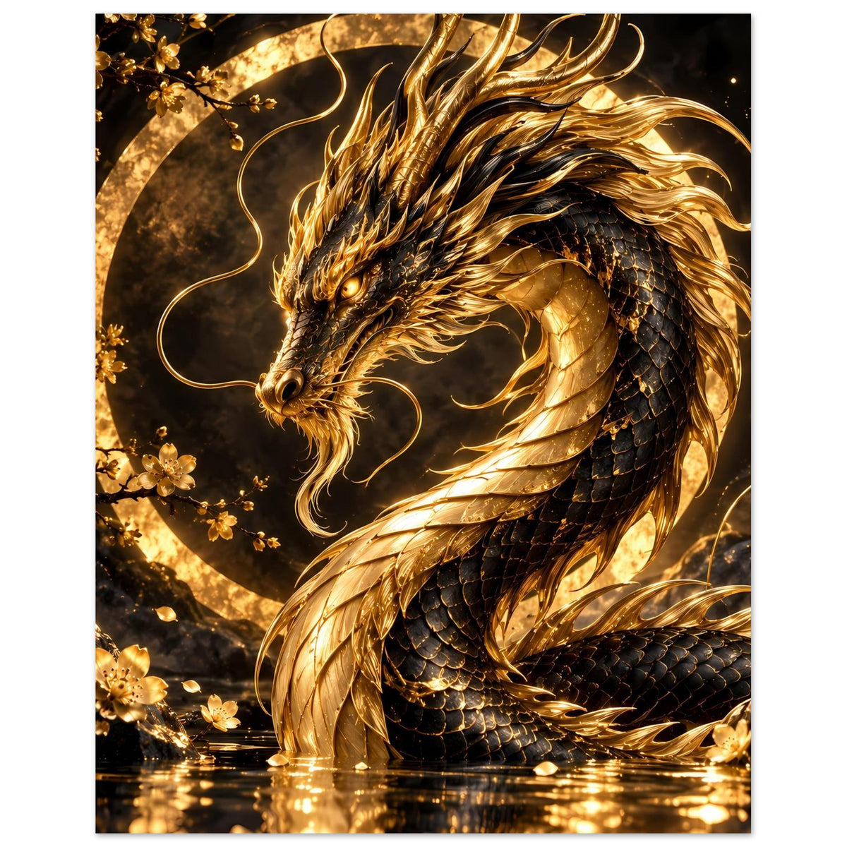 Poster mit goldenem Drachen, Schuppen und geflügeltem Schweif, flammende Mähne im Kreis