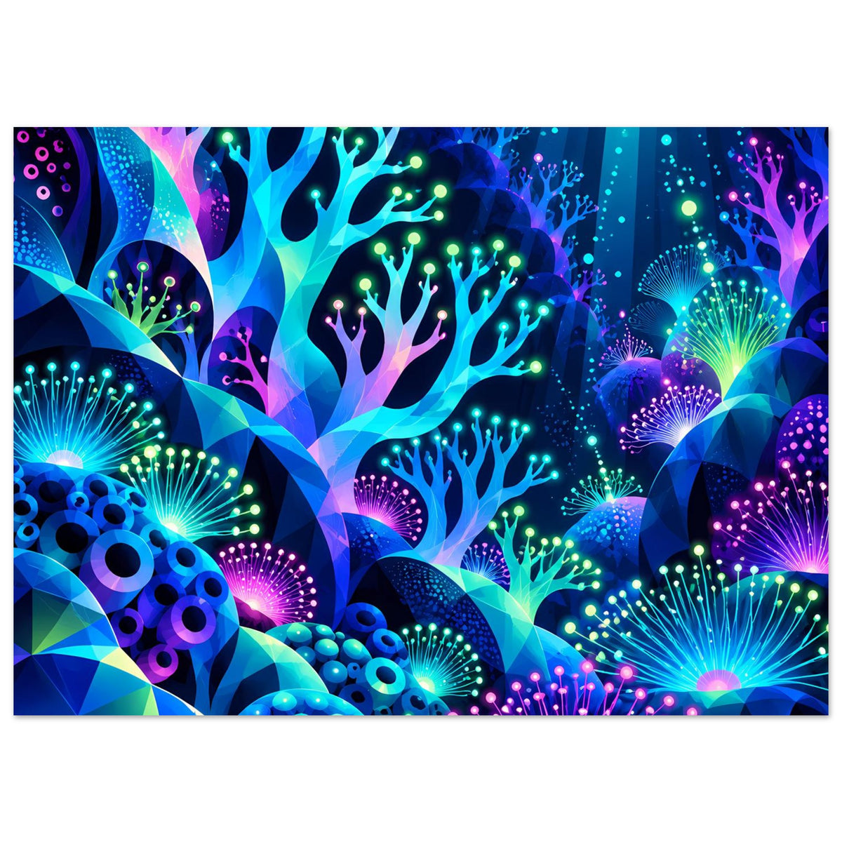 Unterwasser-Poster im Querformat mit vielfarbigen Korallen und hellen Lichtblüten