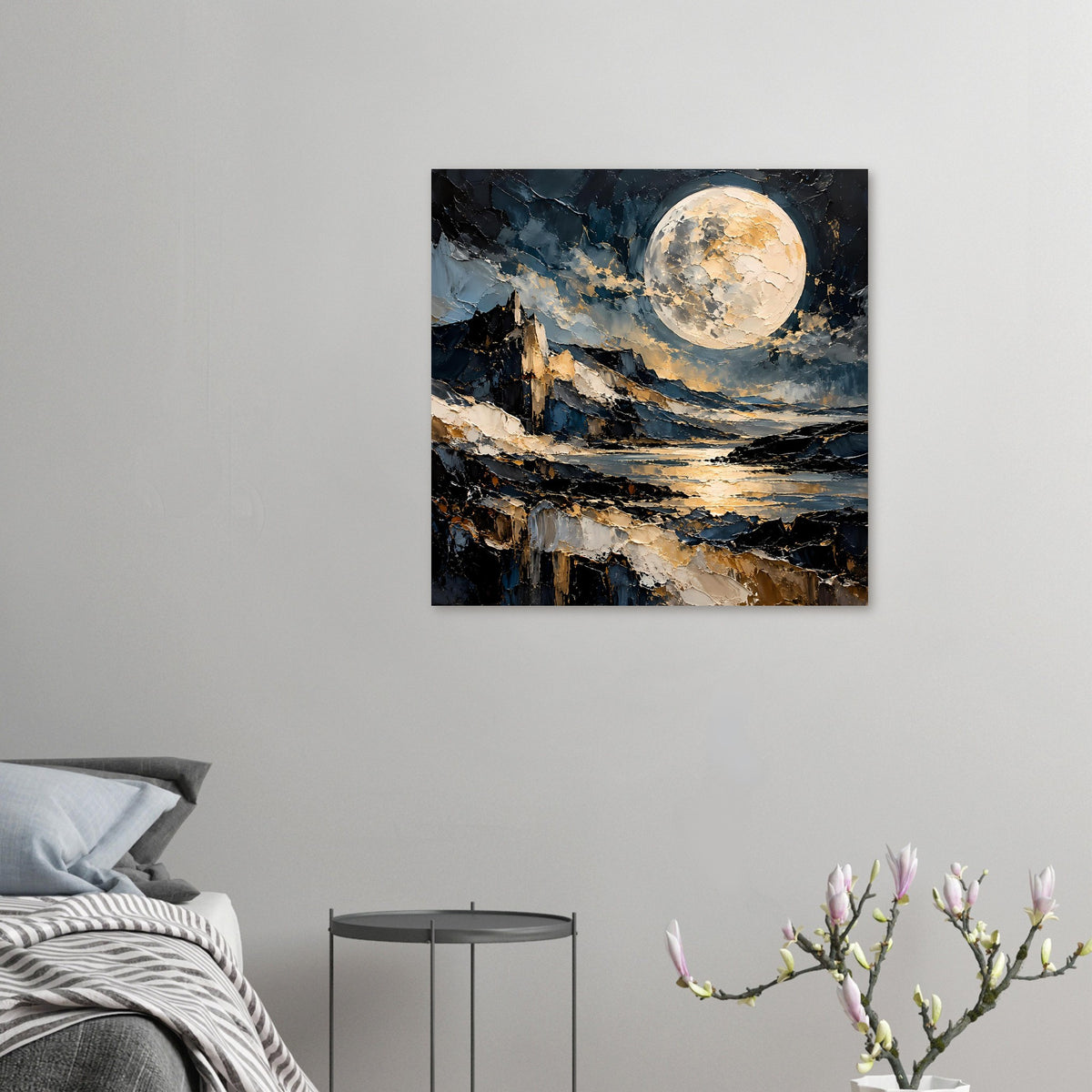 Kleines Wandposter mit goldenem Vollmond über See und Berglandschaft, abstrakte Struktur.