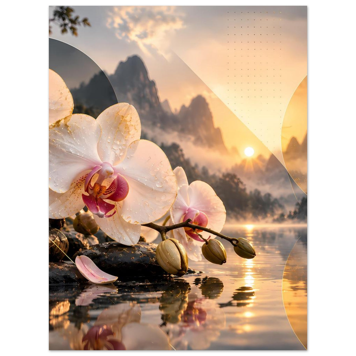 Poster mit weißen Orchideenblüten und goldenem Sonnenaufgang über ruhigem See