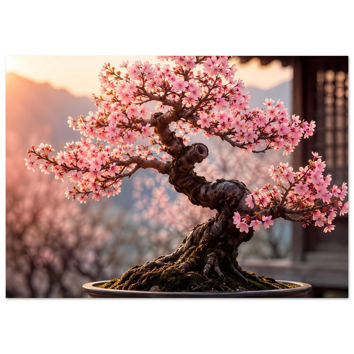 Bonsai-Blütenposter mit rosa Blütenkrone, dunklem Stamm und komplett sichtbarer Schale