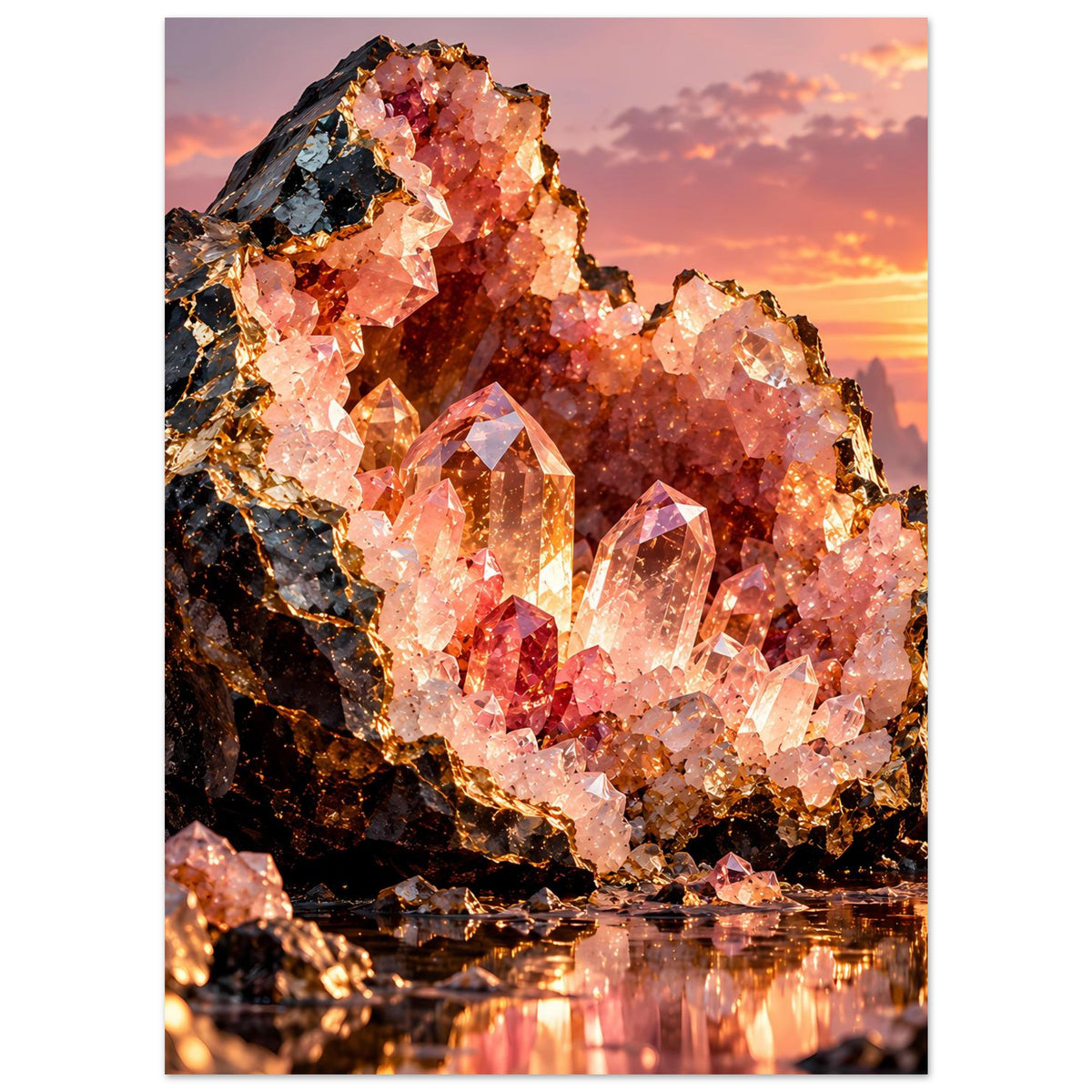 Poster im Hochformat: rosa Kristallkrone auf dunklem Gestein, funkelnde Oberfläche, weißer Rand