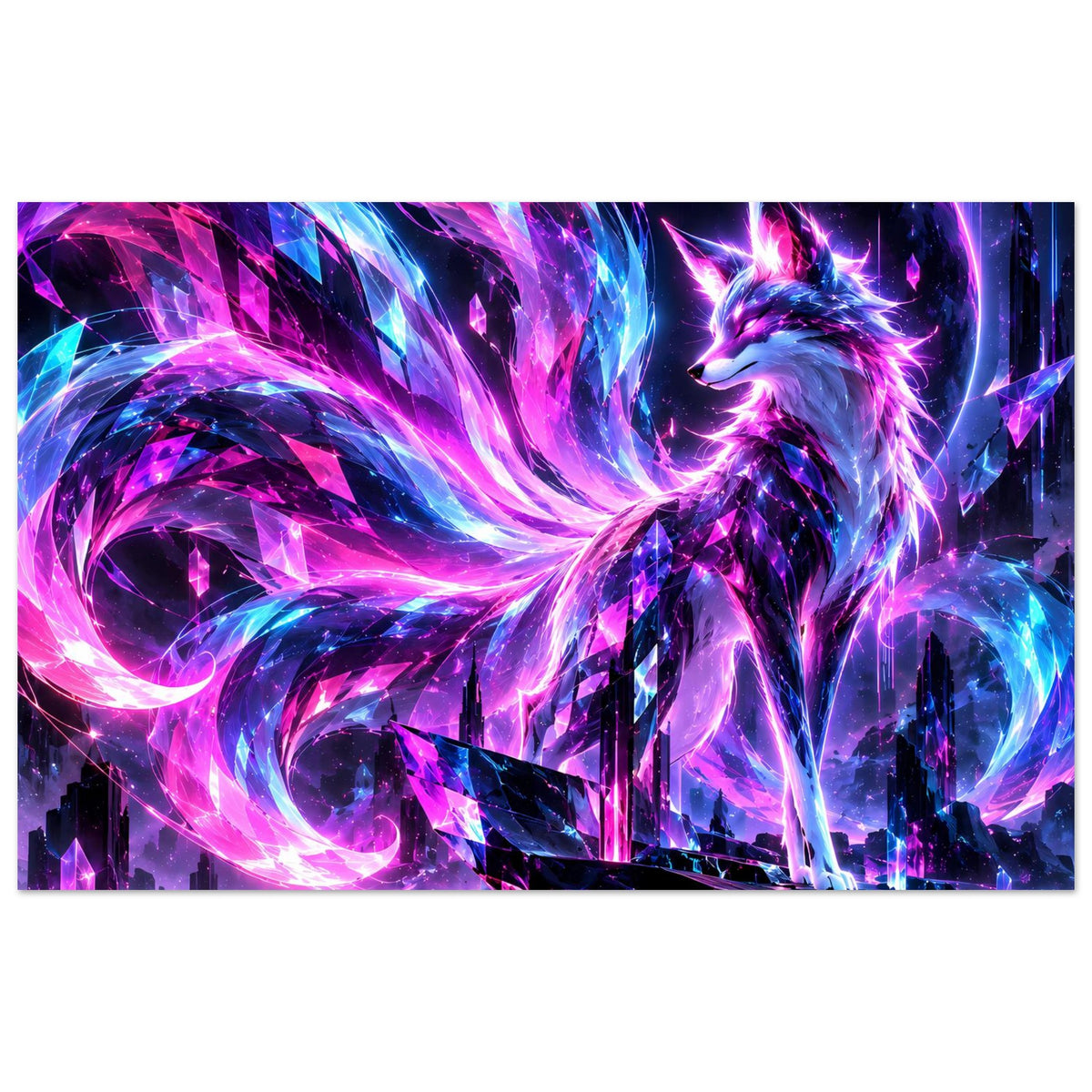 Leuchtendes Neon-Fuchs-Fantasy-Poster, horizontales Motiv: lila-blauer Fuchs mit Energieschwingen