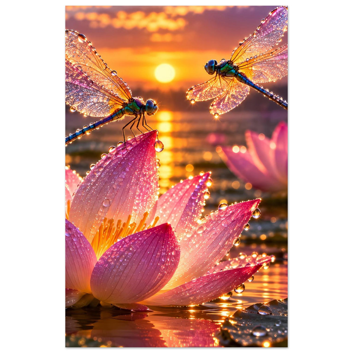 Poster mit zwei Libellen über einer Reihe rosa Lotusblüten